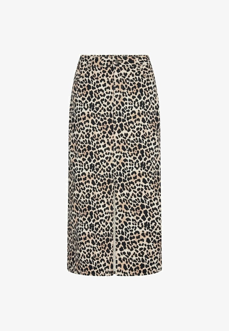 Jupe droite taille haute avec motif léopard beige, marron et noir et détail de couture centrale à l'avant.