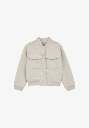 Gai pelēks bomber jakas modelis ar apkakli, izgatavots no mīksta materiāla, ar divām frontālām kabatām, sprādzēm un ribinātām piedurknēm un apakšmali.