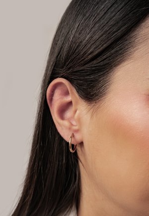 Close-up of a woman's right ear with straight dark hair and a small gold hoop earring against a plain background.