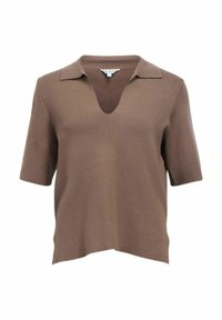 Haut en maille à manches courtes marron avec col en V et coupe décontractée.