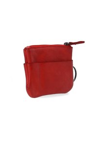 Red leather coin purse with a zipper closure, a front pocket, and a metal keyring. Smooth texture with minimal stitching details.