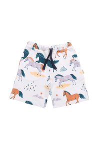Weiße Shorts mit einem bunten Pferdedruck in Orange, Teal und Lila, mit einem schwarzen Kordelzug und naturinspirierten Akzenten.