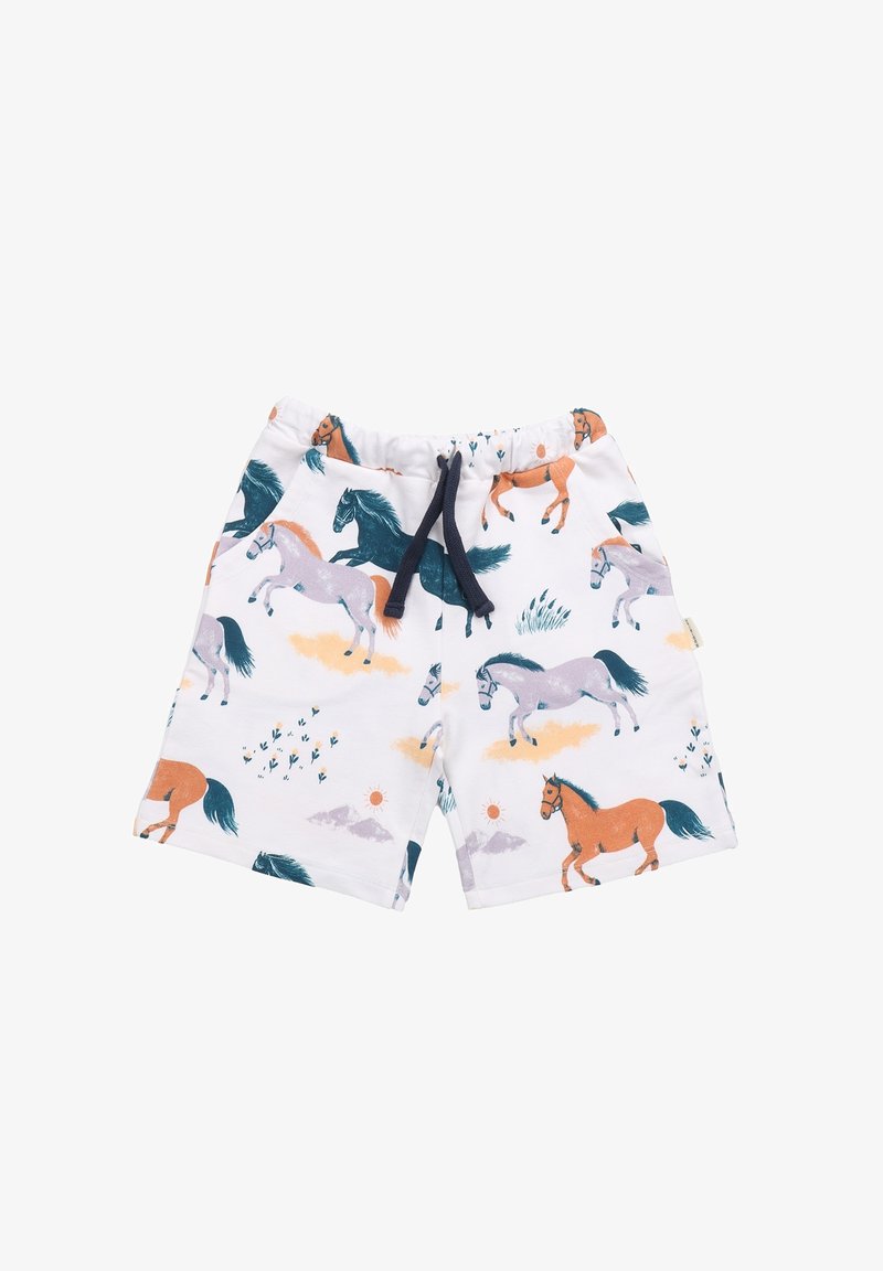 Weiße Shorts mit einem bunten Pferdedruck in Orange, Teal und Lila, mit einem schwarzen Kordelzug und naturinspirierten Akzenten.