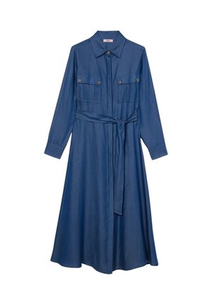 Dunkelblaumes Denim-Hemdkleid mit langen Ärmeln, zwei Brusttaschen, einem gebundenen Taillengürtel und einem ausgestellten Rock mit durchgehender Knopfleiste.