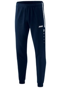 Marineblaue Sporthosen aus glattem Stoff, mit einem elastischen Bund, weißen Seitendetails und einem Logo auf der Vorderseite mit kreisförmigen Akzenten.