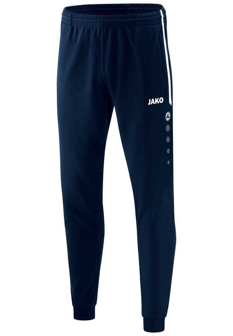 Marineblaue Sporthosen aus glattem Stoff, mit einem elastischen Bund, weißen Seitendetails und einem Logo auf der Vorderseite mit kreisförmigen Akzenten.