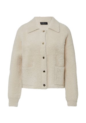 Nepbont crèmekleurige cardigan met een kraaghalslijn, knopen aan de voorkant, twee zakken en geribbelde manchetten. Zachte textuur en een relaxte pasvorm.