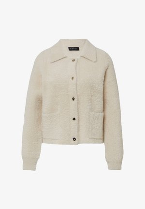 Nepbont crèmekleurige cardigan met een kraaghalslijn, knopen aan de voorkant, twee zakken en geribbelde manchetten. Zachte textuur en een relaxte pasvorm.