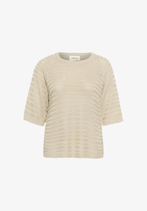 Beige neulotut neulepaita, jossa on vaakasuoria raitoja, pyöreä kaula-aukko ja lyhyet hihat. Ominaisuuksiin kuuluu rento malli ja ribbireunat.