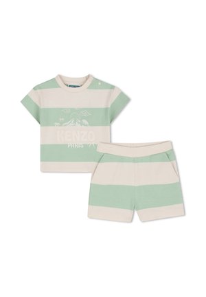 Groen en crèmekleurig gestreept kort setje met een shirt met ronde hals en een geborduurd ontwerp, en een korte broek met elastische tailleband en zakken.