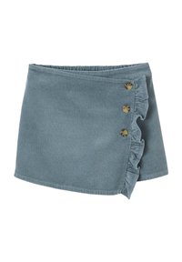 Blauer Cordminirock mit seitlichem Rüschensaum und drei braunen Knöpfen auf weißem Hintergrund.