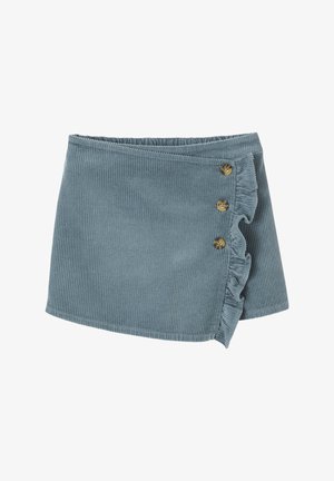 Blue corduroy mini skirt with side ruffle and three brown buttons on a white background.