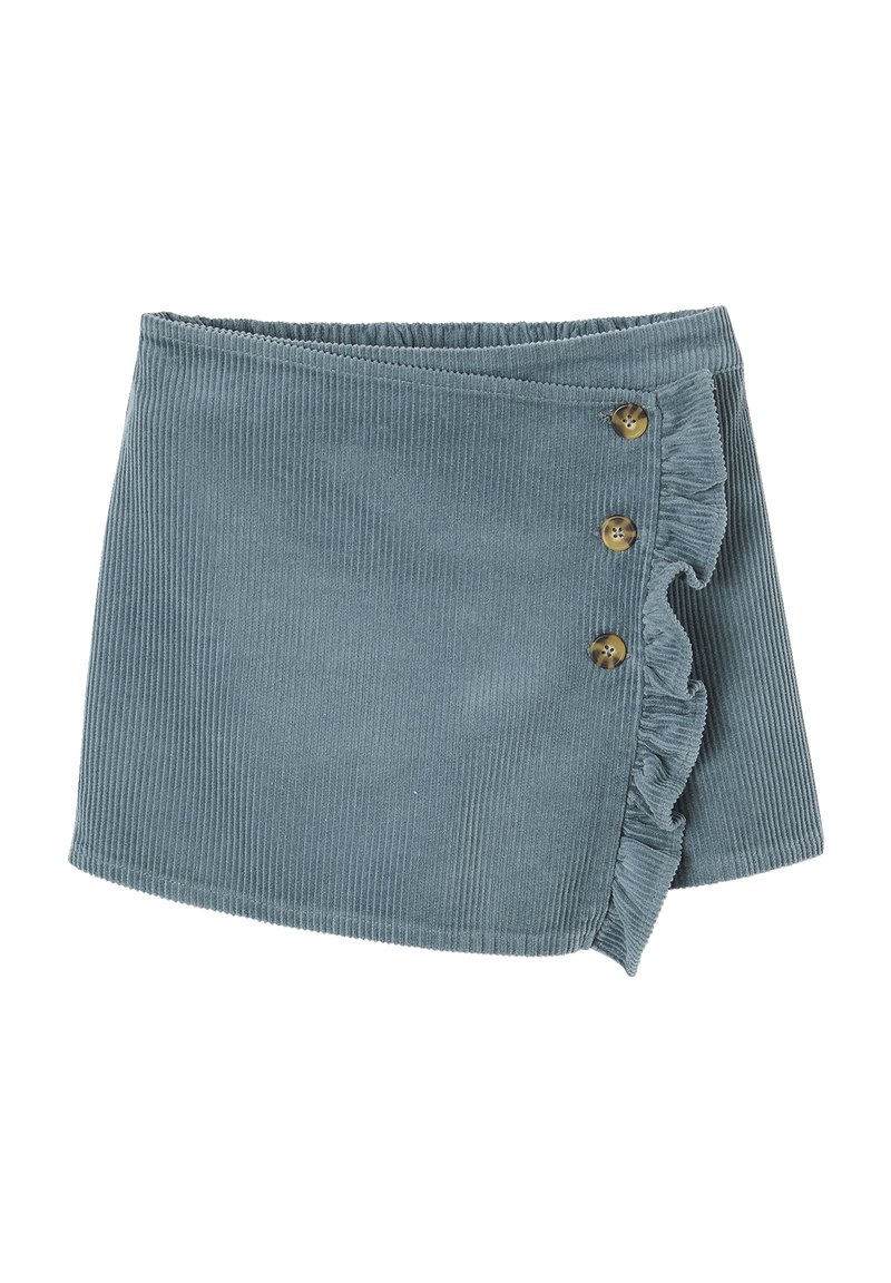 Blauer Cordminirock mit seitlichem Rüschensaum und drei braunen Knöpfen auf weißem Hintergrund.