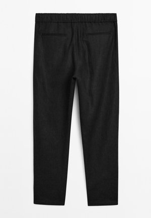 Black, lightweight trousers with an elastic waistband, featuring two back pockets and a straight-leg design. Smooth texture, minimal detailing.