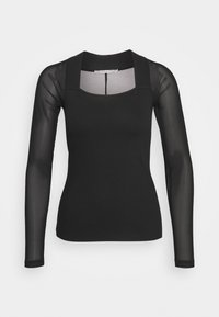 Schwarzes Langarm-Top mit quadratischem Ausschnitt, ausgestattet mit transparenten Mesh-Ärmeln und figurbetontem Körper, gefertigt aus dehnbarem, glattem Stoff.