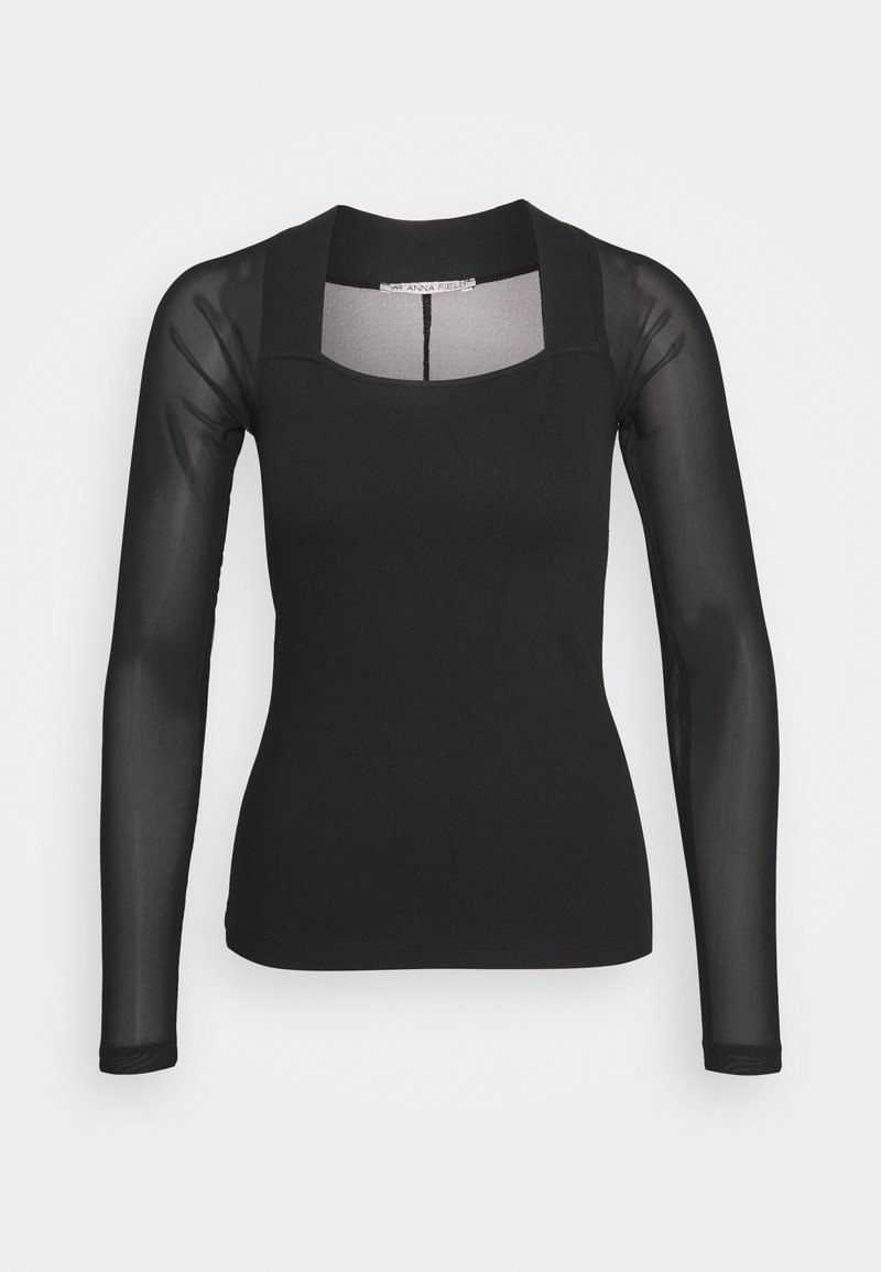 Schwarzes Langarm-Top mit quadratischem Ausschnitt, ausgestattet mit transparenten Mesh-Ärmeln und figurbetontem Körper, gefertigt aus dehnbarem, glattem Stoff.