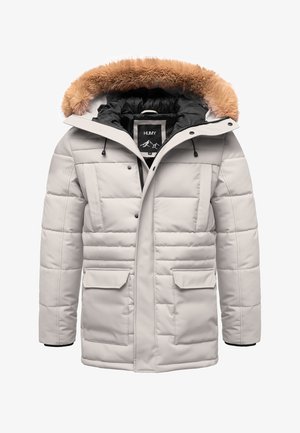 Light gray padded winter coat with a faux fur-trimmed hood, black lining, front pockets, and drawstring details for adjustable fit.