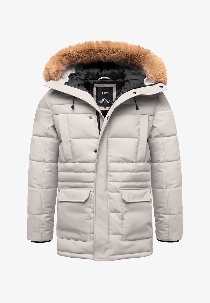 Light gray padded winter coat with a faux fur-trimmed hood, black lining, front pockets, and drawstring details for adjustable fit.