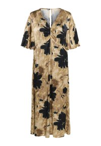 Rochie maro cu imprimeu floral, cu decolteu în V, mâneci scurte evazate, bust strâns și o siluetă fluidă, cu accente negre și verde închis.