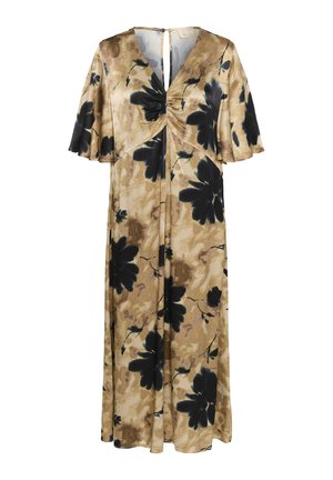 Bruine bloemenjurk met een V-hals, korte zwierige mouwen, een ingetrokken bovenstuk en een vloeiende silhouet met zwarte en donkergroene accenten.