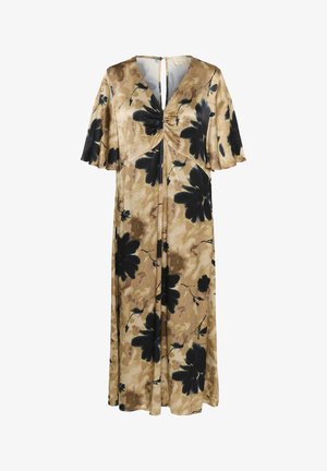 Brown floral dress with a V-neck, short flutter sleeves, cinched bust, and a fluid silhouette featuring black and dark green accents.