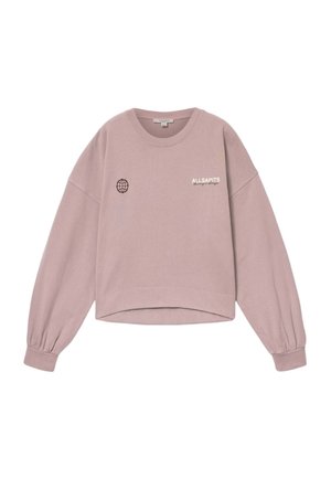 Sweat-shirt mauve à manches longues avec col rond, texte "ALLSAINTS" sur la poitrine, et petit graphique de globe sur le côté gauche.