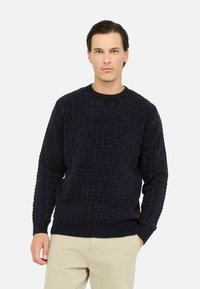 Maglione lavorato a maglia blu navy con un motivo testurizzato, colletto e polsini a costine, e vita a coste. Indossato sopra pantaloni beige.