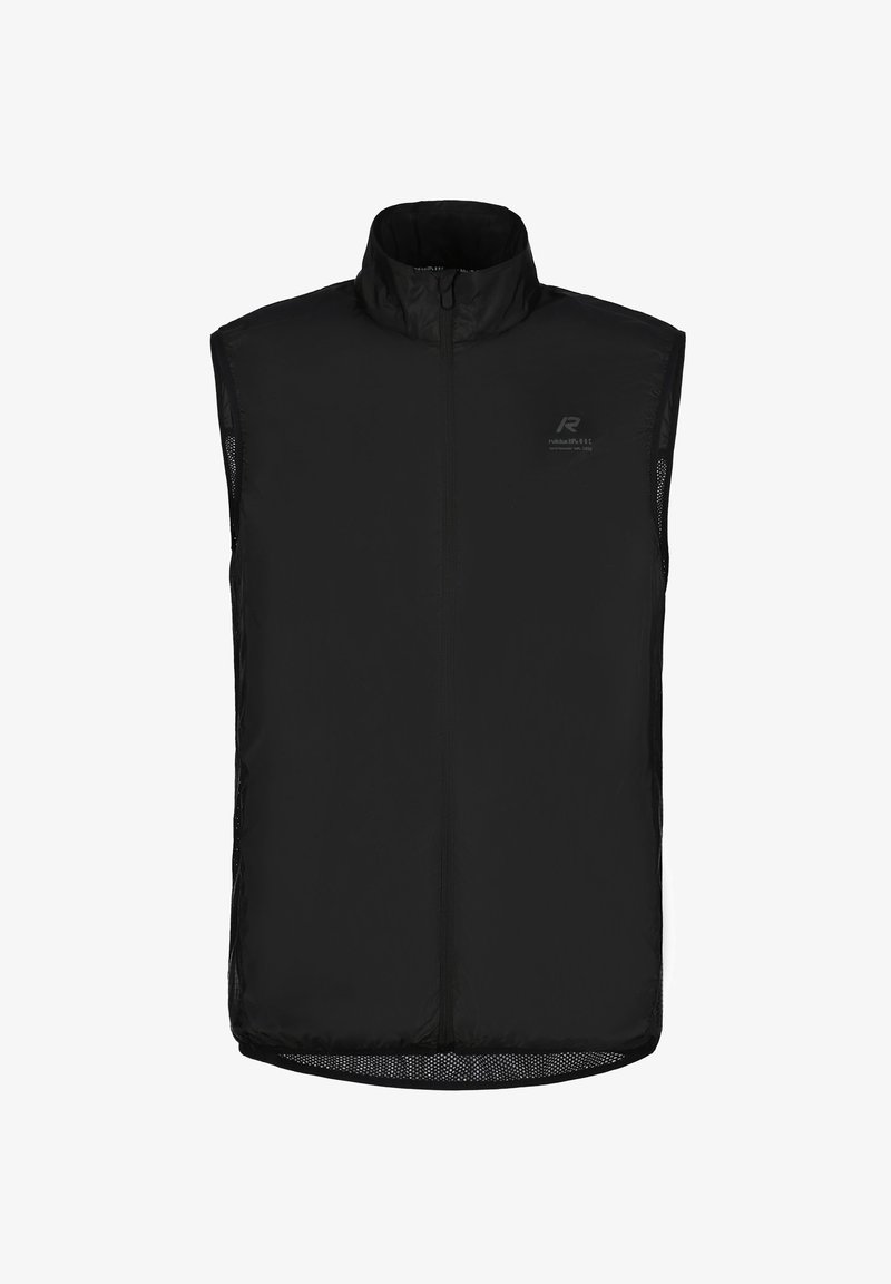 Schwarze, ärmellose Weste aus leichtem, glattem Material. Verfügt über einen hohen Kragen und Netzakzente an den Seiten, mit einem Logo auf der Vorderseite.