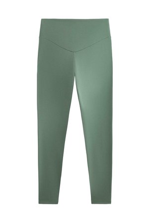Colanți verde salvie, cu talie înaltă și detaliu în formă de V la talie, confecționați dintr-un material neted și elastic.