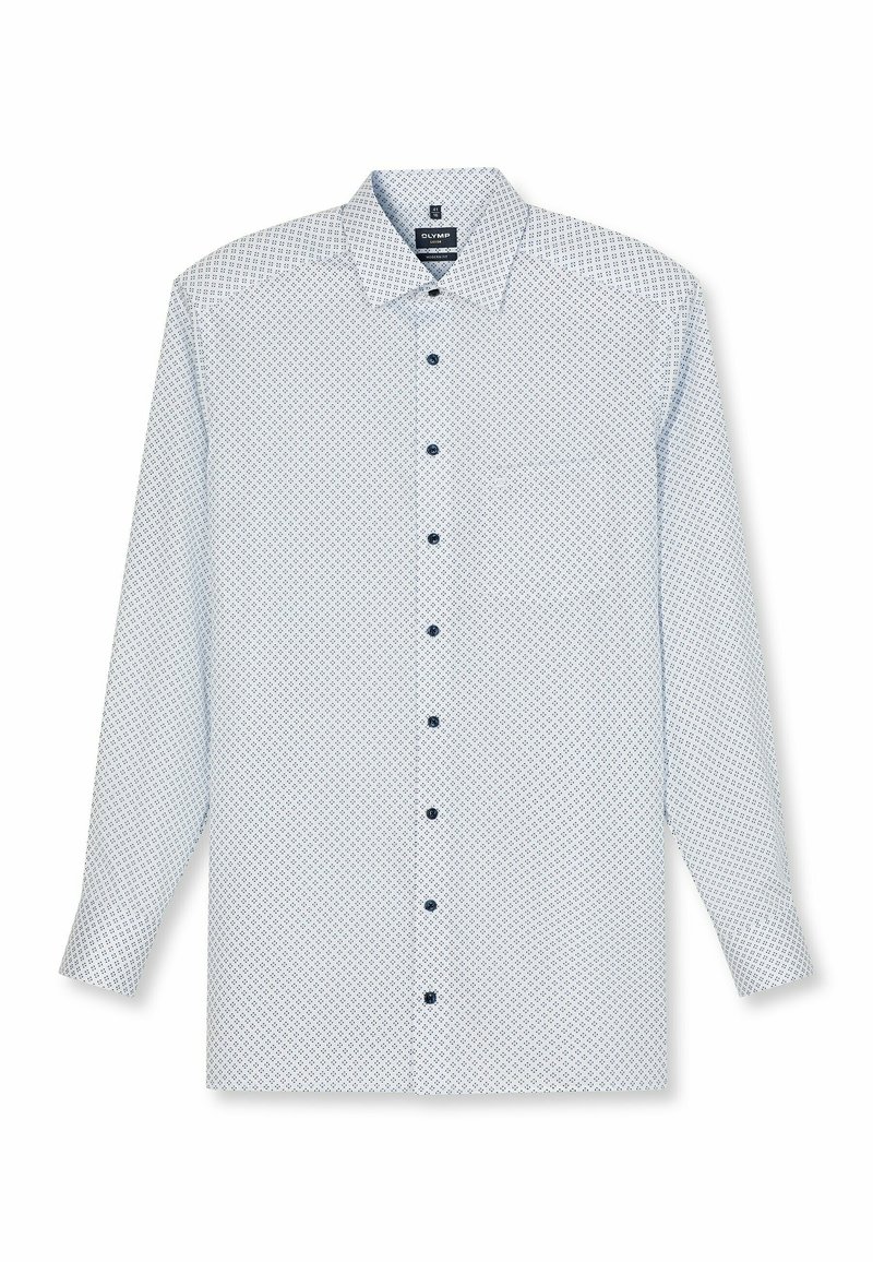 Light blue long-sleeve shirt with a geometric pattern, button-down collar, dark blue buttons, and a smooth fabric texture.