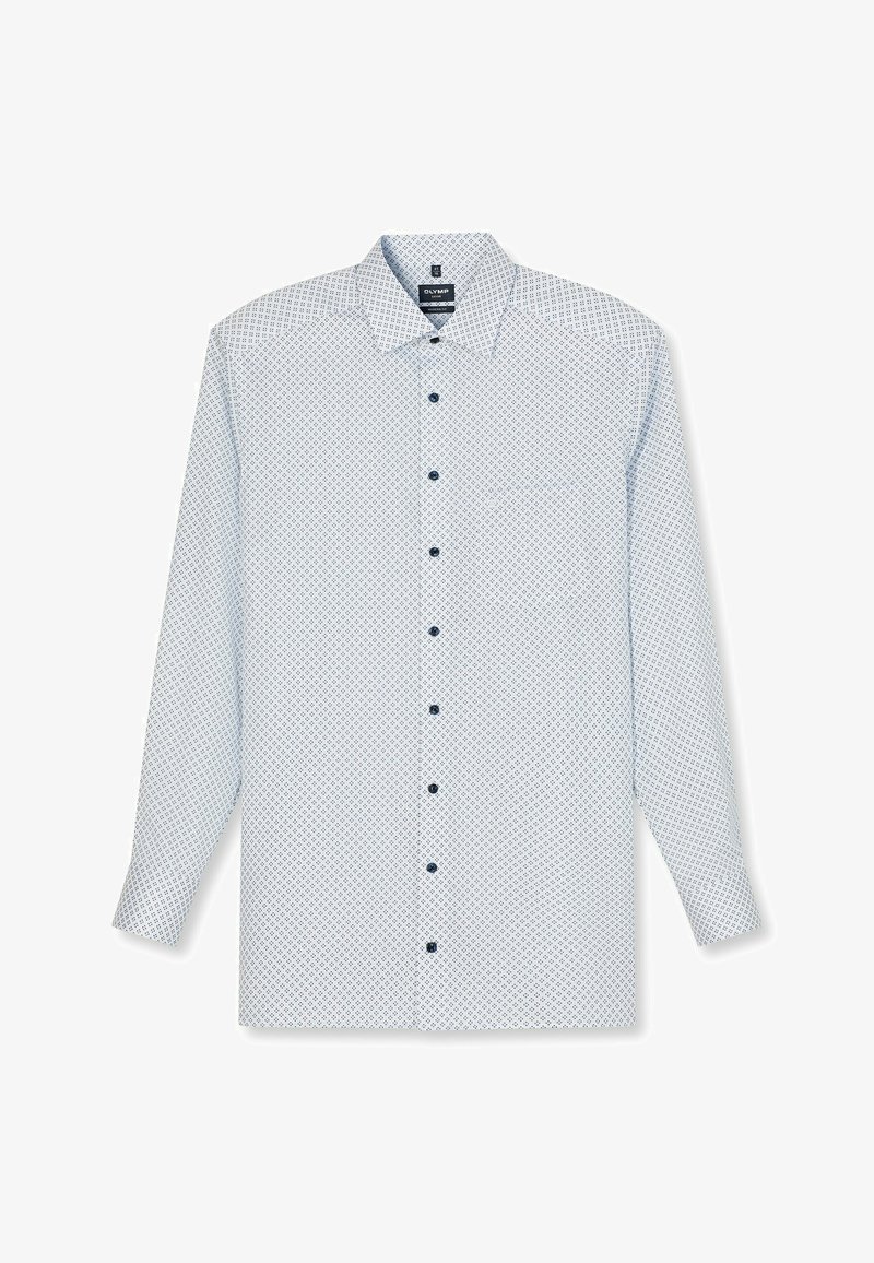 Light blue long-sleeve shirt with a geometric pattern, button-down collar, dark blue buttons, and a smooth fabric texture.