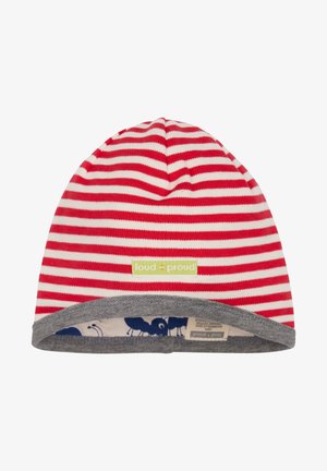 Beanie a righe rosse e bianche con un risvolto grigio. Presenta un'etichetta verde "loud + proud". Realizzato in morbido cotone con un interno a fantasia.