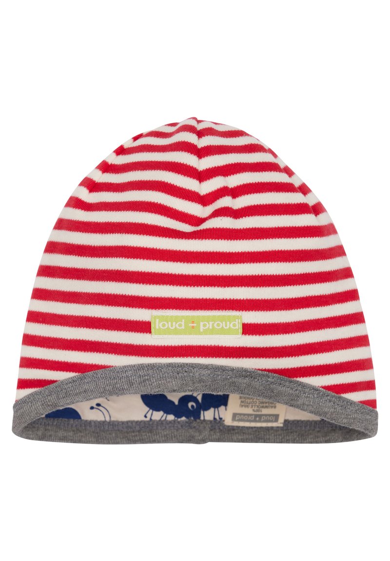 Beanie a righe rosse e bianche con un risvolto grigio. Presenta un'etichetta verde "loud + proud". Realizzato in morbido cotone con un interno a fantasia.