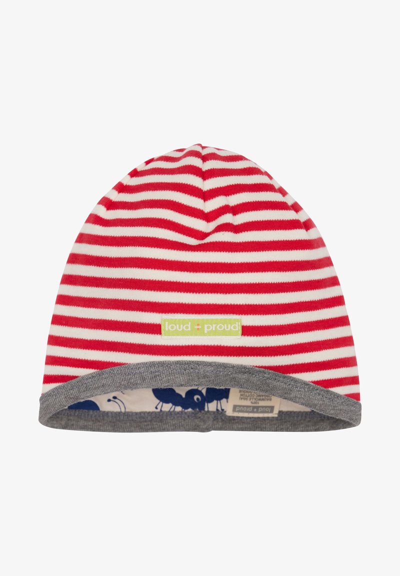 Beanie a righe rosse e bianche con un risvolto grigio. Presenta un'etichetta verde "loud + proud". Realizzato in morbido cotone con un interno a fantasia.