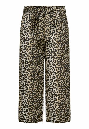 Leopardenmuster-Hose mit weitem Bein in Beige und Schwarz, mit Kordelzug an der Taille und weichem, strukturiertem Stoff.