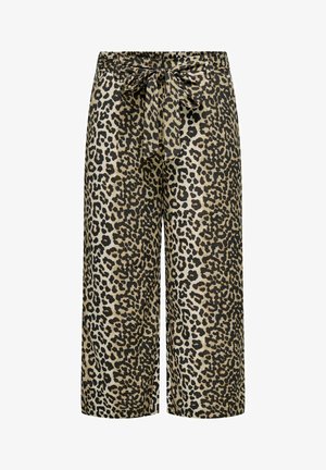 Leopardenmuster-Hose mit weitem Bein in Beige und Schwarz, mit Kordelzug an der Taille und weichem, strukturiertem Stoff.