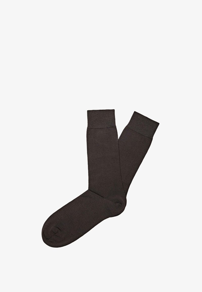 Calzini di cotone marrone scuro con una consistenza liscia, dotati di polsini a coste e un design classico a tubo.