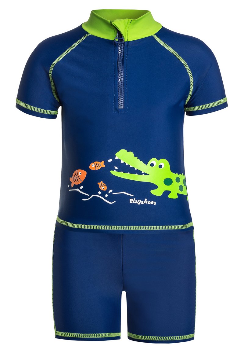 Tengerészkék úszóruha szett rövid ujjakkal, zöld díszítéssel és elöl cipzárral. Krokodil és hal grafikával díszítve. Rugalmas anyagból készült.