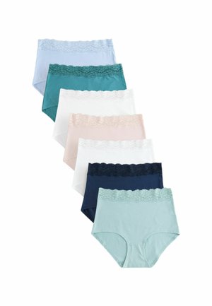 Zeven paar dames hipster onderbroeken in verschillende kleuren: lichtblauw, teal, wit, roze en marineblauw, met kantafwerking op de tailleband.