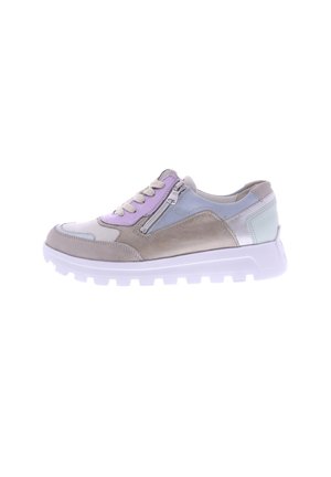 Lightweight sneaker with a mix of leather and suede in beige, lavender, and pale blue. Features a zip detail and textured outsole.