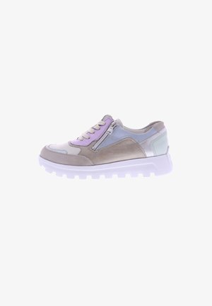 Leichte Sneakers aus einer Mischung aus Leder und Wildleder in Beige, Lavendel und Hellblau. Mit einem Reißverschlussdetail und einer strukturierten Außensohle.