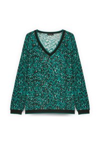Pulover verde cu decolteu în V, cu un model în zigzag în accente negre și albe. Are mâneci lungi și un tiv ribanat solid negru la hem și manșete.
