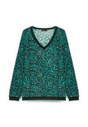 Maglione verde a V con motivo a zigzag in accenti di bianco e nero. Presenta maniche lunghe e orlo e polsini a coste neri.