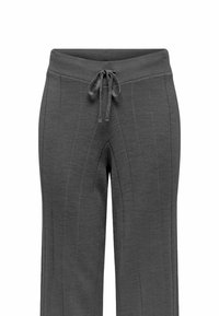 Pantalones de punto gris con un diseño de pierna ancha, que cuentan con una cinturilla acanalada y cordón. Textura acanalada vertical y corte a largo completo.