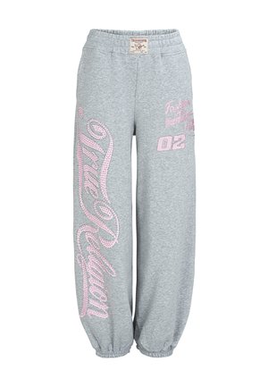Grijze joggingbroek met elastische taille en boorden, met roze strass-steentjes in de tekst "True Religion" en het detail "02" aan de voorkant.