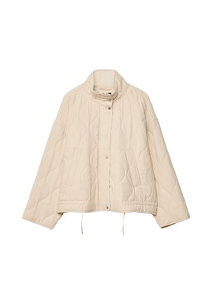 Beige quilted jacket with stand collar, snap button closure, two front pockets, long sleeves, and adjustable drawstrings at the hem.