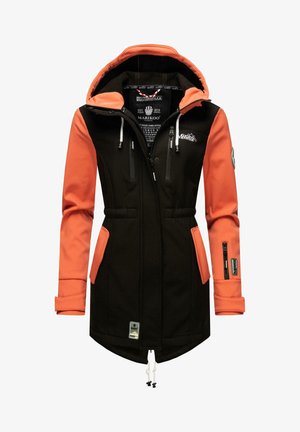 Chaqueta de exterior negra y naranja con capucha, que presenta bolsillos con cremallera, dobladillo con cordón y acentos de logo en el pecho y la manga.