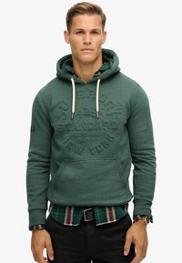 Sudadera verde con logo texturizado, capucha con cordón y bolsillo frontal, superpuesta a una camisa de cuadros. Tejido suave, diseño ajustado.