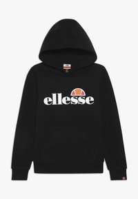 Zwarte hoodie van een katoenmix, met een kangoeroezak, trekkoordkap en groot wit "ellesse" logo met gekleurde accenten.