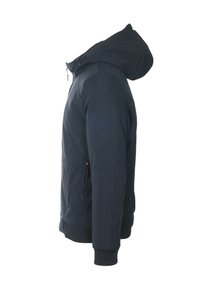 Giacca con cappuccio blu navy con cerniera frontale, tasche laterali con zip e polsini e orlo a costine, vista laterale.